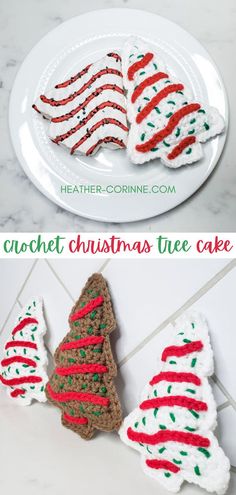 christmas tree cookies on a plate with the words crochet christmas tree cake written in red, white and green