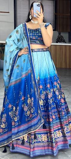 Blue color Lehenga in Art Silk fabric with Gota Patti, Printed work Blue Sharara With Pallu For Navratri, Blue Semi-stitched Sharara With Motifs, Blue Semi-stitched Motif Sharara, Blue Art Silk Anarkali Set With Pallu, Blue Bollywood Anarkali Set In Art Silk, Blue Bollywood Art Silk Anarkali Set, Blue Art Silk Choli With Cutdana, Blue Cutdana Lehenga In Traditional Drape, Blue Cutdana Choli For Navratri