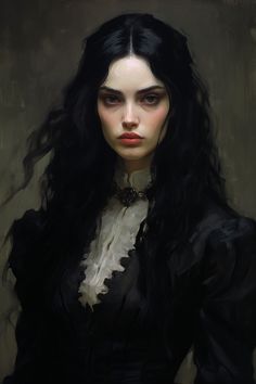 a painting of a woman with long black hair