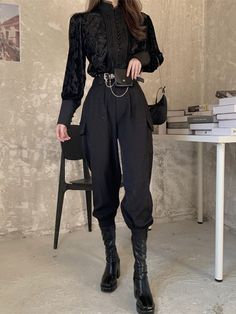 Dark Wizard Aesthetic Outfit, Gothic Pants Outfit, Casual Victorian Goth Outfits, Witch Outfit Pants, Hadestown Aesthetic Outfit, Witchcraft Aesthetic Outfit, Ouji Fashion Female, Witchy Academia Fashion, Goth Elegant Outfit