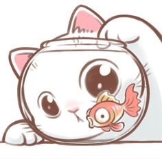 a drawing of a cat with a fish in it's mouth looking at the viewer