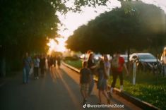 a group of people walking down a street next to tall grass and trees at sunset