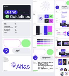 the brand guidelines are displayed in purple and green