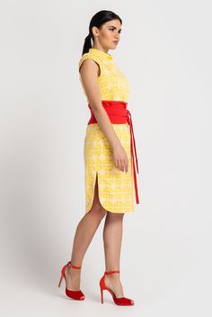 "A midi modern qipao dress featiring a high neck collar, - Modern cheongsam style - Mandarin neck with qipao closure (imitation) - Semi-Fitted pencil silhouette - Knee length (midi) - Sap sleeves - Side slits - Conceale back zipper closure - Wide red fabric belt included - Color: yellow & white jacquard - Fiber: cotton - 95%, elastane - 5% You may feel free choosing the size. Just send us your measurements (bust, waist, hips, height). For Size S: dress length - 40\" (102 cm) Our model wears Fitted Summer Dresses With Stand Collar, Spring Formal Knee-length Cheongsam, Summer Formal Cheongsam With Stand Collar, Fitted Ao Dai For Formal Summer Events, Knee-length Fitted Ao Dai For Parties, Modern Qipao Dress, Dresses For Women Wedding, Skater Dresses Casual, Mandarin Dress