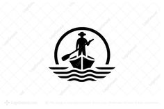 a man in a boat on the water with a paddle and hat logo for sale