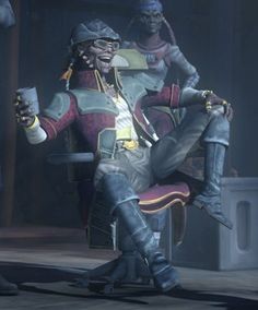 an animated character sitting in a chair holding a drink and looking at the camera man