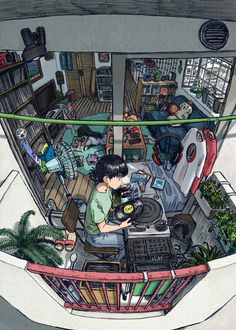 an artist's rendering of a person working on a turntable in a room with bookshelves and plants