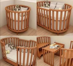 four different views of a baby crib with stuffed animals in it, including a teddy bear