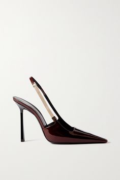 The sharpness of SAINT LAURENT's 'Blake' pumps is accentuated by a glossy lacquer. These dramatically pointed slingbacks are made from patent-leather and embellished with a gold-tone curb chain. Team them with one of the brand's form-fitting mini dresses. Yves Saint Laurent Heels, Embellished Shoes, Classy Shoes, Ankle Shoes, Shoe Inspo, Aesthetic Shoes, Saint Laurent Shoes, Shoes Heels Pumps, Patent Leather Pumps