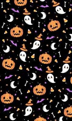 a black background with halloween pumpkins, bats and ghost faces on it's sides