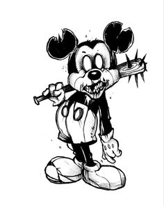 an ink drawing of mickey mouse holding a baseball bat