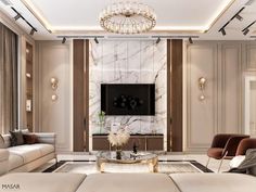 an elegant living room with marble walls and flooring, beige sofas and chairs