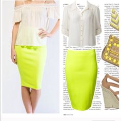 Beautiful Neon Pencil Skirt Chic Summer Midi Pencil Skirt, Yellow Summer Office Bottoms, Yellow Office Bottoms For Summer, Summer Long Pencil Skirt For Night Out, Summer Midi Pencil Skirt For Workwear, Long Pencil Skirt For Summer Night Out, Trendy Midi Skirt For Work, Chic Knee-length Pencil Skirt For Day Out, Fitted Knee-length Skirt For Day Out