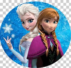 two frozen princesses standing next to each other in front of a circular frame with snowflakes on it