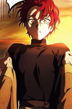 an anime character with red hair standing in front of the sun and holding his hands on his hips