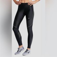 Nwt 150$ Retail Black W Blackish Green Striping Great Fit Sleek Tight Sports Bottoms, Sleek Fitted Training Bottoms, Nike Black Elastane Activewear, Sleek Black Workout Pants, Nike Full Length Leggings, Nike Compression Full-length Bottoms, Nike Compression Full Length Bottoms, Black Compression Bottoms For Work, Compression Bottoms For Workwear