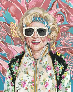 a painting of a woman wearing sunglasses and a flowered jacket with flowers in the background