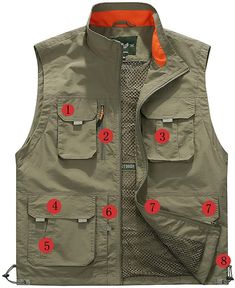 This men's outdoor vest is the perfect choice for any adventure. Crafted from lightweight khaki fabric, it features a sleeveless design with multiple pockets for optimal storage and easy access. Ideal for stay-cool performance and convenience in the outdoors. Men's Amber Outdoor Vest Jacket Multi Pockets 100% Polyester Imported Zipper closure FEATURES: Zipper front, regular fit, v neck, solid color, multiple pockets, lightweight, quick dry, breathable. Removable back, back expose mesh make you m Mens Outdoor Vest, Sleeveless Vest Jacket, Fall Vest, Fishing Vest, Outdoor Vest, Winter Knit Hats, Sleeveless Jacket, Boot Accessories, Mens Green