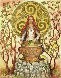 a woman with long red hair standing in front of a pot filled with plants and rocks