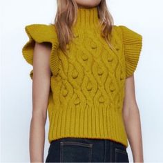 Zara Sweater Vest. Excellent Condition - Never Worn. Color - Ochre. Trendy Zara Cable Knit Sweater, Zara Winter Cable Knit Tops, Zara Cable Knit Top For Winter, Casual Winter Sweater With Ruffles, Casual Yellow Winter Tops, Casual Mustard Knit Sweater, Chic Yellow Winter Top, Cozy Yellow Tops For Spring, Cozy Yellow Spring Top