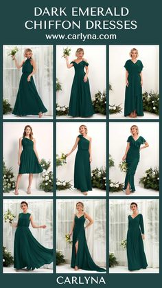 a collage of photos showing the different dresses worn by dark emerald chiffon bridesmaids