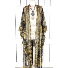 Gold Black Sheer Peacock Sequin Maxi Kimono Cover Up Measurements...Taken Flat -Across Width Seam To Seam: 40" -Length In The Photo: 51" Features -Lightweight Sheer Black Net -Accented With Metallic Gold Sequins -Gorgeous Peacock Design -Bohemian Gypsy Oversized Flowing Style -Generous Arm Holes Black Kaftan With Dupatta, Festive Kimono With Traditional Drape, Gold Summer Festive Kaftan, Gold Kaftan For Summer Festivities, Gold Kaftan For Festive Summer Occasions, Bohemian Black Kaftan For Wedding, Bohemian Gold Kaftan For Festive Occasions, Festive Gold Bohemian Kaftan, Fitted Silk Bohemian Kimono