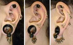 three different views of an ear with various types of piercings on the sides and in the middle