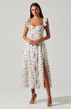 Wedelia Floral Bustier Midi Dress Spring Dress With Fitted Bodice And Flutter Sleeves, Summer Midi Dress With Smocked Bodice And Ruffle Sleeves, Fitted Midi Dress With Ruffle Sleeves For Daywear, Summer Midi Dress With Fitted Ruffled Straps, Fitted Summer Midi Dress With Ruffled Straps, Fitted Midi Dress With Ruffled Straps For Summer, Fitted Dress With Smocked Bodice And Flutter Sleeve, Fitted Bodice Midi Dress With Ruffled Straps, Midi Dress With Fitted Bodice And Ruffled Straps