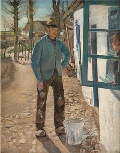 a painting of a man standing in front of a window next to a trash can