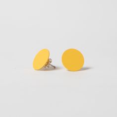 Round Brass earrings w/ Sterling Posts in marigold. Minimalist Yellow Earrings For Pierced Ears, Minimalist Yellow Pierced Earrings, Minimalist Yellow Earrings For Gift, Yellow Minimalist Round Earrings, Trendy Yellow Earrings For Everyday, Trendy Yellow Everyday Earrings, Bold Yellow Drop Earrings, Modern Yellow Earrings For Everyday, Modern Yellow Earrings For Everyday Wear