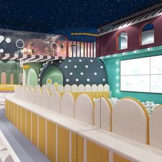 an artistic rendering of a brightly colored building with arches and pillars in the center, surrounded by stars