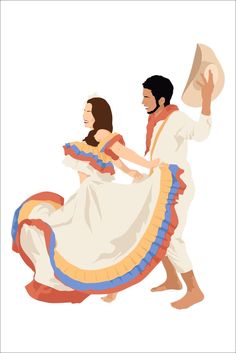 a man and woman are dancing together in traditional mexican dance costumes, isolated against a white background