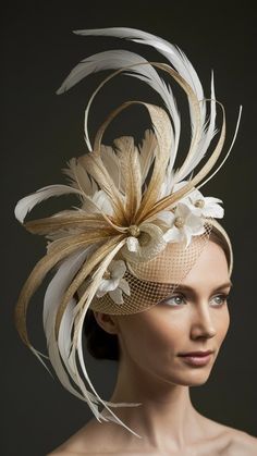 Derby Hats Diy Ideas, Crinoline Fascinator, Colorful Hats, Diy Fascinator, Philip Treacy Hats, Little White Flowers, Classy Hats, Gold Hat