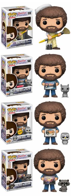 the three pop vinyl figures are shown in different styles and sizes, including one with a mustache