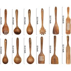 wooden kitchen utensils and spoons are shown with measurements for each item in the image