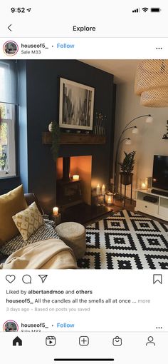 an instagram page with candles on the fireplace and pictures in the living room above