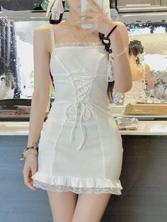 Kawaii Aesthetic Coquette Dollette Corset White Dress Light Green Cardigan Set Measurements S - Bust: 70cm/27.5" Length: 77cm/30.3" M - Bust: 74cm/29.1" Length: 78cm/30.7" L - Bust: 78cm/30.7" Length: 79cm/31.1" XL - Bust: 82cm/32.2" Length: 80cm/31.5" *This product fits true to size. *Standard shipping time to the US is 9-19 business days. Please consult our shipping page for shipping time estimates for other countries. *Please check the measurements/size chart very carefully when ordering from The Kawaii Factory. Most of our clothes come in Asian sizes, which are generally 1-2 sizes smaller than US/EU sizes. Buyers shall bear the full cost of return shipping charges unless the product is significantly different from what is described on the product page. *Lingerie and pajamas cannot be r Fitted Ruffle Mini Dress Kawaii Style, Kawaii Fitted Mini Dress With Ruffles, Kawaii Fitted Ruffle Mini Dress, White Fitted Kawaii Mini Dress, Kawaii Fitted White Mini Dress, White Sleeveless Kawaii Mini Dress, Cute Fitted Mini Dress With Doll Collar, White Kawaii Mini Dress For Spring, Kawaii Summer Dress With Lace Trim