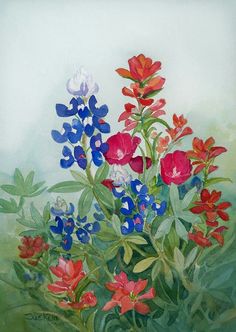 a painting of red, white and blue flowers with green leaves in the foreground