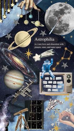 an artistic collage with space and stars in the sky, including planets, saturn, pluto