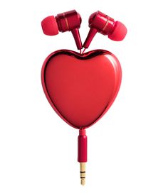 a red heart with two earphones attached to it