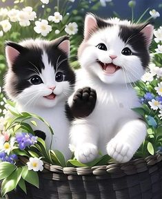 two black and white kittens sitting in a basket with flowers on the ground next to each other