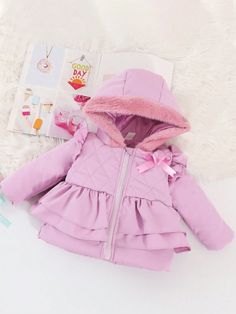 Pink  Collar Long Sleeve Woven Fabric Plain Puffer Embellished Non-Stretch  Baby Girls Clothing Stylish Baby Girls, Rose Bonbon, Pink Collar, Pink Collars, Stylish Baby, Winter Coats, Baby Winter, Girls Clothing