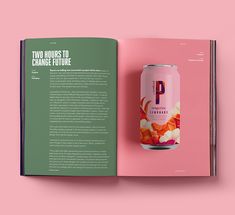 an open book with a pink background and a can of pepsi on the front cover