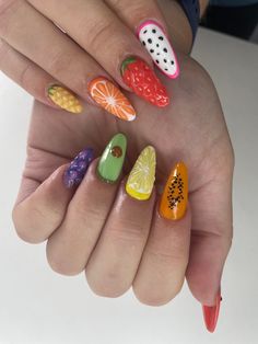 3D Fruit themed press on set! Nail file and nail glue come with the set! Easy Fruit Nails, Lizzie Mcguire Nails, Papaya Nails, 3 D Nails Designs, Mango Nails