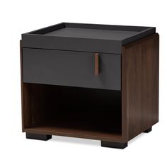 a black and brown nightstand with two drawers