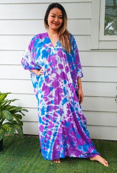 "Add a touch of unique style to your wardrobe with our Hand-Dyed Kaftan Dress! This stunning dress is made from 100% breathable and comfy rayon fabric, ensuring maximum comfort all day long. Using our unique method, each dress is carefully hand dyed, resulting in a one-of-a- kind masterpiece. The intricate patterns and vibrant colors make this dress a true work of art. The kaftan dress comes in a versatile one size fits most (M-3XL), making it extremely comfortable for a wide range of body types Bohemian Oversized Loose Dress, Summer Batik Print Long Sleeve Maxi Dress, Relaxed Fit Loose Beach Dress, Oversized V-neck Dress For Festival, Tie Dye Natural Dye Dress For Beach Cover-up, Tie Dye Natural Dye Dress For Beach, Beach Cover-up Tie Dye Dress With Natural Dye, Beach Tie-dye Dress With Natural Dye, Casual Purple Tunic Kaftan