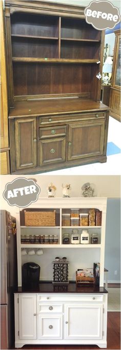 before and after pictures of an old hutch turned into a dining room buffet table