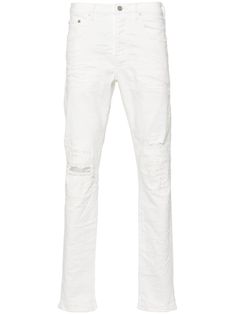 white cotton blend denim distressed effect decorative stitching logo-engraved silver-tone hardware logo patch to the rear low-rise straight leg skinny cut classic five pockets belt loops button fly fastening unlined White Ripped Straight Leg Jeans, White Distressed Fitted Jeans, Distressed White Straight Leg Jeans, White Distressed Straight Leg Bottoms, White Distressed Denim Jeans, Stitching Logo, Hardware Logo, Decorative Stitching, Pocket Belt