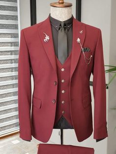 Argeli Red Slim Fit Suit freeshipping - BOJONI – VICLAN Suit Clothes, Clothes Jacket, Vest And Pants, Pants Gift, Suit Material, Red Suit, Elegant Man, Jacket Vest, Slim Fit Suit