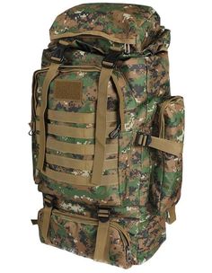 a large backpack with multiple compartments and straps on the front, in camo print